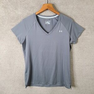 Under Armour Shirt Womens L Gray V Neck Fitted‎ Heatgear Perforated Athletic Top